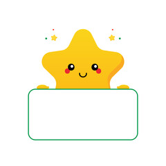 Cute cartoon style golden star character holding in hands blank card, banner.
