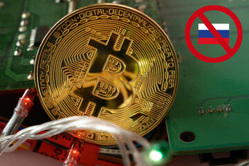bitcoin and red forbidding sign with Russia flag. Russia’s Bitcoin investors ban, Not Illegal,...