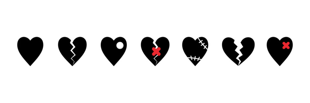 Set, collection of broken hearts. Heart icons with stitches, bandages, broken pieces.