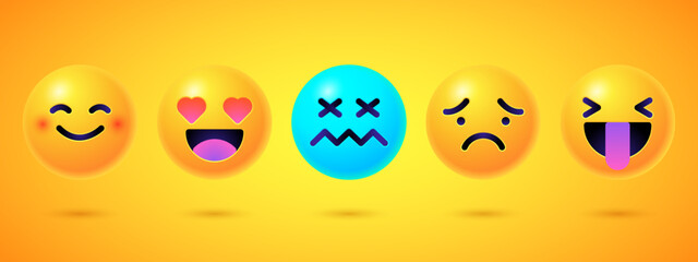 Round 3d emoticons set. Yellow Emoji faces emoticon smile, digital smiley expression emotion feelings, chat cartoon emotes. Vector illustration icons
