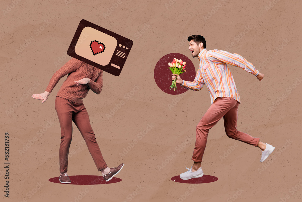 Poster composite collage picture of two guys tv instead head hold bouquet running isolated on drawing backg