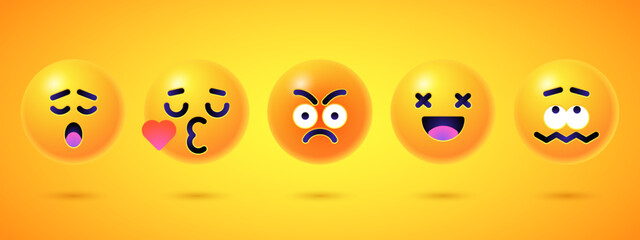 Round 3d emoticons set. Yellow Emoji faces emoticon smile, digital smiley expression emotion feelings, chat cartoon emotes. Vector illustration icons
