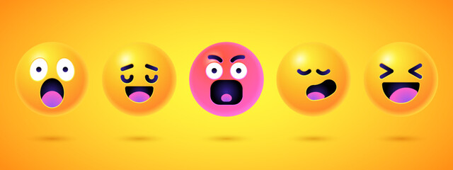 Round 3d emoticons set. Yellow Emoji faces emoticon smile, digital smiley expression emotion feelings, chat cartoon emotes. Vector illustration icons