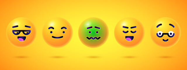 Round 3d emoticons set. Yellow Emoji faces emoticon smile, digital smiley expression emotion feelings, chat cartoon emotes. Vector illustration icons