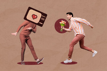 Composite collage picture of two guys tv instead head hold bouquet running isolated on drawing...