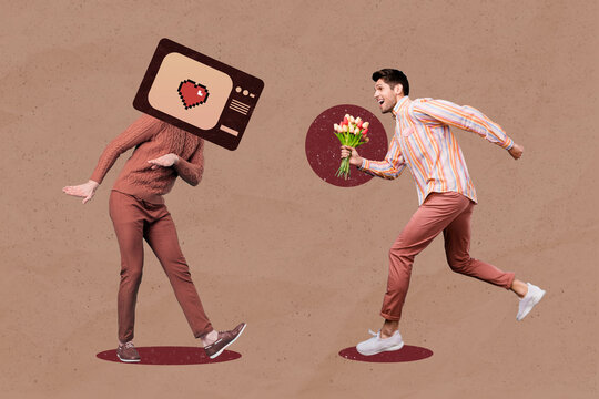 Composite collage picture of two guys tv instead head hold bouquet running isolated on drawing background