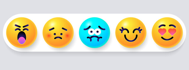 Round 3d emoticons set. Yellow Emoji faces emoticon smile, digital smiley expression emotion feelings, chat cartoon emotes. Vector illustration icons