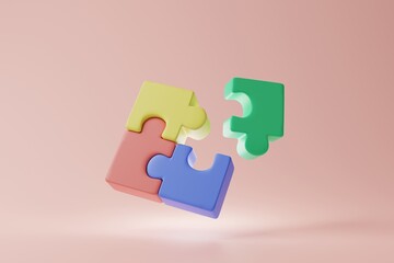 Colored puzzle jigsaw cube model on pink background. Teamwork, Business group symbol concept. 3d rendering