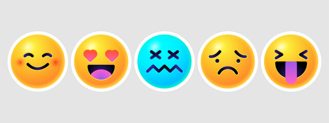 Fototapeta premium Round 3d emoticons set. Yellow Emoji faces emoticon smile, digital smiley expression emotion feelings, chat cartoon emotes. Vector illustration icons