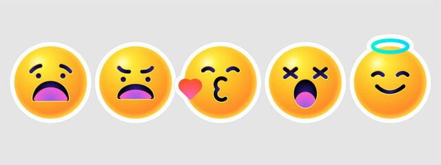 Round 3d emoticons set. Yellow Emoji faces emoticon smile, digital smiley expression emotion feelings, chat cartoon emotes. Vector illustration icons