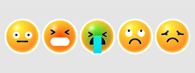Round 3d emoticons set. Yellow Emoji faces emoticon smile, digital smiley expression emotion feelings, chat cartoon emotes. Vector illustration icons
