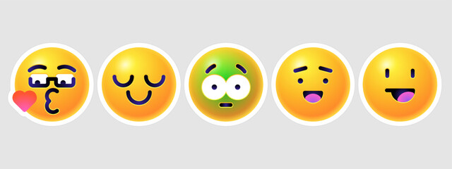 Round 3d emoticons set. Yellow Emoji faces emoticon smile, digital smiley expression emotion feelings, chat cartoon emotes. Vector illustration icons