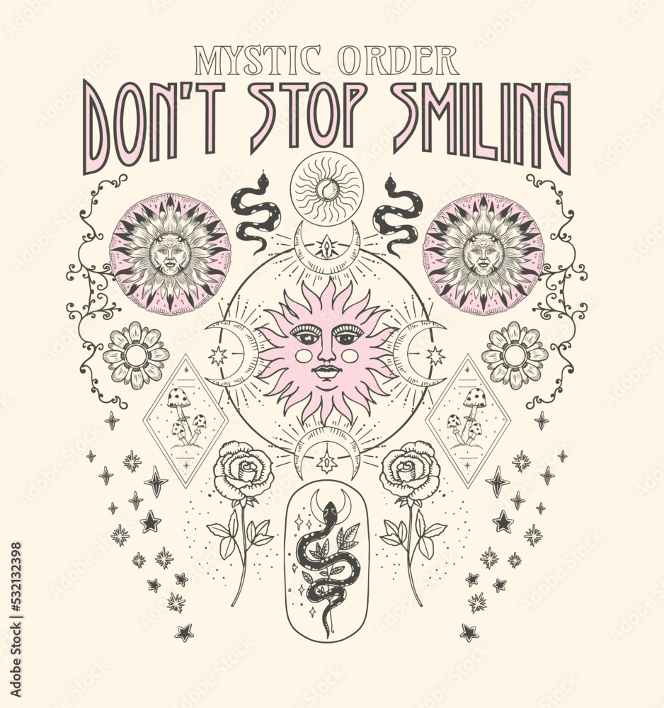 Wall mural graphic print design with positive slogan and mystical elements.design suitable for t shirt and post