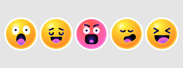 Round 3d emoticons set. Yellow Emoji faces emoticon smile, digital smiley expression emotion feelings, chat cartoon emotes. Vector illustration icons