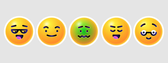Round 3d emoticons set. Yellow Emoji faces emoticon smile, digital smiley expression emotion feelings, chat cartoon emotes. Vector illustration icons