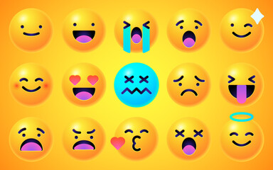 Round 3d emoticons set. Yellow Emoji faces emoticon smile, digital smiley expression emotion feelings, chat cartoon emotes. Vector illustration icons