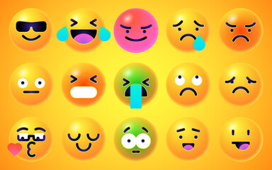 Round 3d emoticons set. Yellow Emoji faces emoticon smile, digital smiley expression emotion feelings, chat cartoon emotes. Vector illustration icons