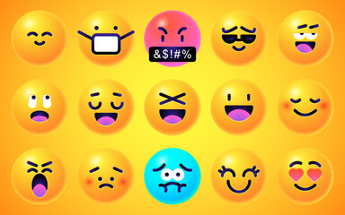 Round 3d emoticons set. Yellow Emoji faces emoticon smile, digital smiley expression emotion feelings, chat cartoon emotes. Vector illustration icons