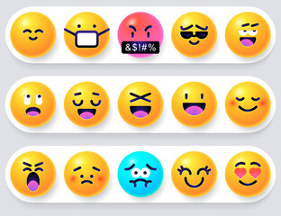 Fototapeta premium Round 3d emoticons set. Yellow Emoji faces emoticon smile, digital smiley expression emotion feelings, chat cartoon emotes. Vector illustration icons