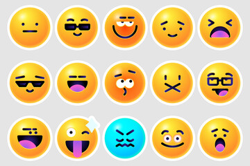 Obraz premium Round 3d emoticons set. Yellow Emoji faces emoticon smile, digital smiley expression emotion feelings, chat cartoon emotes. Vector illustration icons