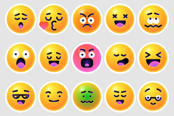Round 3d emoticons set. Yellow Emoji faces emoticon smile, digital smiley expression emotion feelings, chat cartoon emotes. Vector illustration icons
