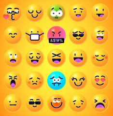 Round 3d emoticons set. Yellow Emoji faces emoticon smile, digital smiley expression emotion feelings, chat cartoon emotes. Vector illustration icons