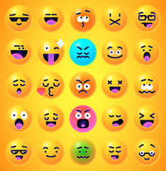 Fototapeta premium Round 3d emoticons set. Yellow Emoji faces emoticon smile, digital smiley expression emotion feelings, chat cartoon emotes. Vector illustration icons