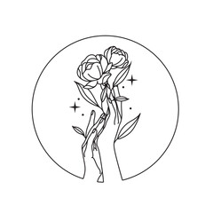 Hands and moon minimalist logo. Astorology wellness magic illustration. Modern Boho Line art