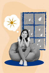 Composite collage image of sad depressed frustrated young woman sitting soft comfy beanbag rainy weather window outside dream sun summer
