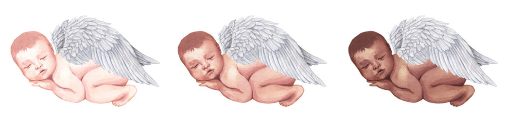 Newborn sleeping angel, watercolor baby shower clipart. Baby angel clipart