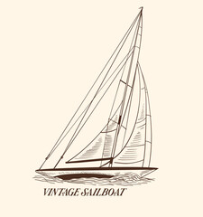 Sailboat in the sea, summer adventure, active vacation. Seagoing vessel, marine ship or nautical caravel. water transport in the ocean for sailor and captain. engraved hand drawn in vintage style.