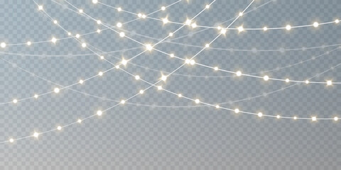Christmas lights isolated on transparent background. Set of golden Christmas glowing garlands. Vector illustration.