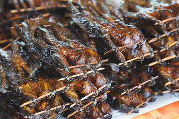 Sun-dried catfish skewers stacked on top of food stalls. Thai traditional food.