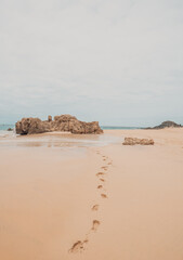 Aesthetic beach background with footprints in sand, copy space, Porto Santo
