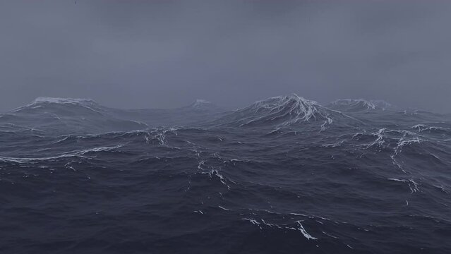 a storm at sea. the sea with waves. rough sea in the fog. a 3d scene of a storm at sea in the fog. camera that goes underwater