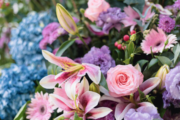 bouquet of pink, white roses, Hydrangea and purple flowers