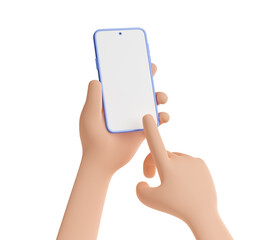 3d render smartphone in hand with finger touch screen with blank display. Mockup of mobile phone and forefinger touching app button, isolated Illustration on white background in cartoon plastic style