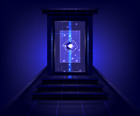 Product display interface. Product showing. Portal to another universe. Teleport podium. Sci-fi magic gate in game fantasy. Glowing projector base