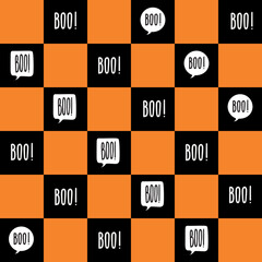 Seamless pattern with text Boo! on an orange and black background. Vector illustration