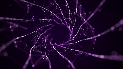 Abstract dynamic wireframe tunnel on purple background. Deep wavy wormhole. Futuristic particle flow. 3d rendering.