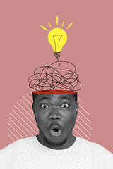 Artwork magazine picture of impressed shocked guy having great idea open mind isolated drawing...