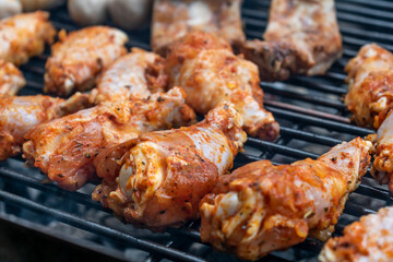 Marinated raw meat just put on the barbecue, chicken and ribs