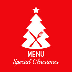 Logotipo con texto Menu Special Christmas con árbol de navidad con estrella y cubiertos para su uso en invitaciones y tarjetas de felicitación