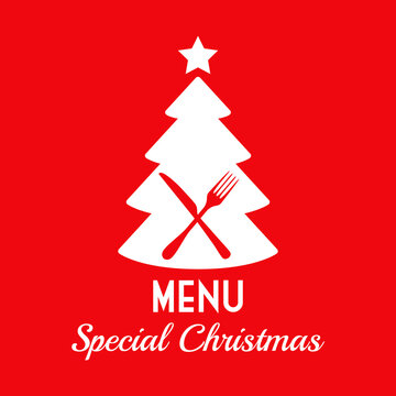 Logotipo con texto Menu Special Christmas con árbol de navidad con estrella y cubiertos para su uso en invitaciones y tarjetas de felicitación