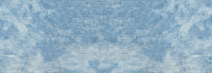 Banner Macro jeans textured background. Blue denim pattern top view and copy space. Template blank backdrop. Fashion cloth pattern mockup. Top view flat lay vintage trousers material. Selective focus