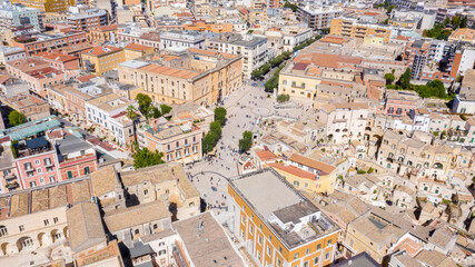 Fototapeta na wymiar Aerial view of Vittorio Veneto square in Matera, Basilicata, Italy. It is the most important square in the city and is located in the historic center with a panoramic view of the Sassi of Matera.