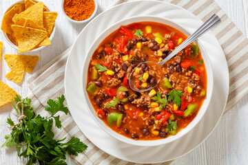 taco soup of ground beef, corn, beans and veggies