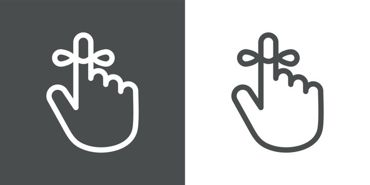 S&iacute;mbolo recordatorio. Icono aislado mano con cuerda atada al dedo &iacute;ndice con l&iacute;neas en fondo gris y fondo blanco
