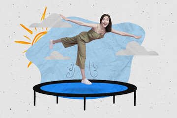 Creative collage picture of excited cheerful girl jumping bounce isolated on painted sun clouds...