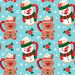 Obraz na płótnie Canvas Cute cups in the shape of a snowman and gingerbread cookies. Christmas mood. Seamless pattern. Vector.